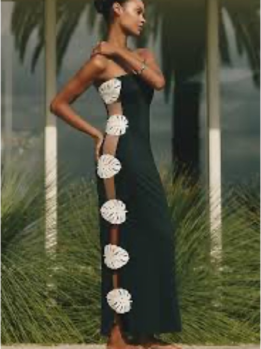 Black Maxi Dress with White Floral Cutout Accents